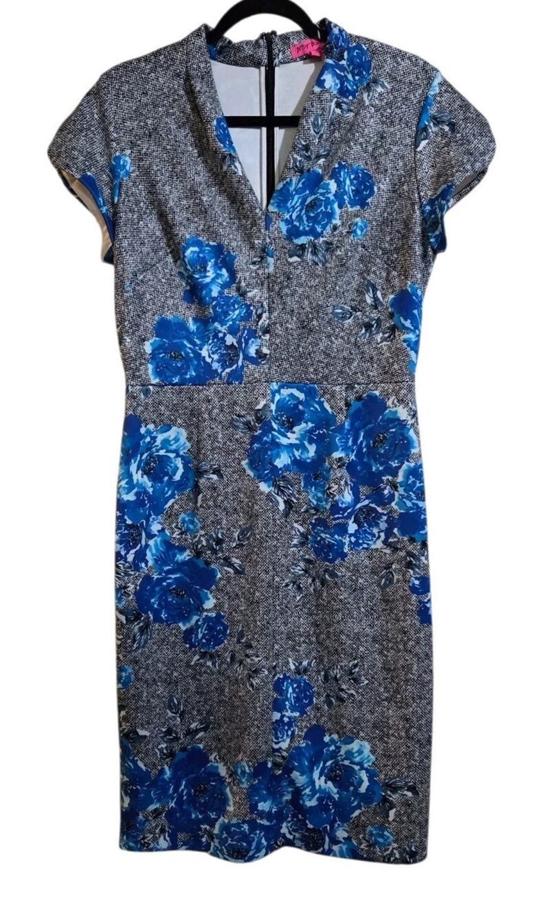 Betsey Johnson Floral Scuba Knit Midi Dress Size 12 Colorful Sheath Garden Party